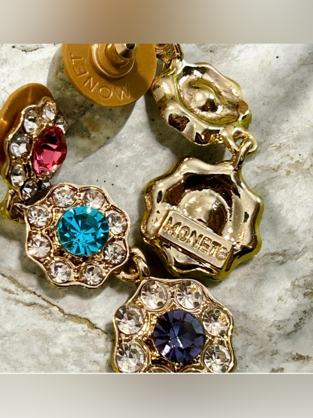 Vintage Signed Monet Multi-Color Rhinestone Gold Tone Drop Earrings - Picture 3 of 4